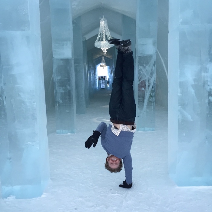 Handstand inside an ice hotel